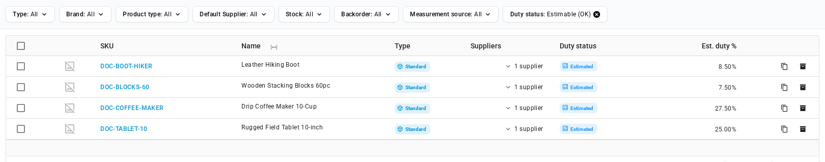 The product list filtered to estimable products, with the Duty status and Est. duty % columns
