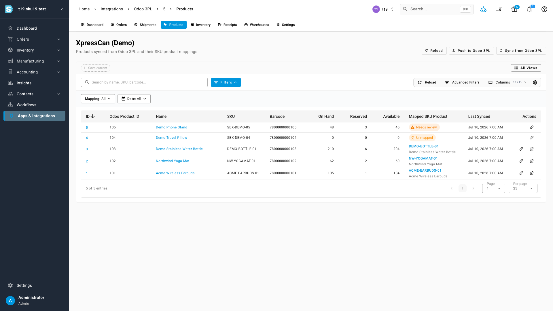The product-mapping screen matching SKU.io products to the 3PL's catalog, with unmapped items flagged