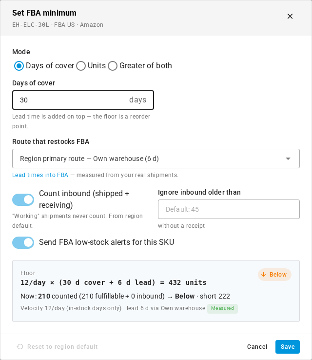 Setting a days-of-cover minimum for one product, with the preview showing the minimum and the stock counted