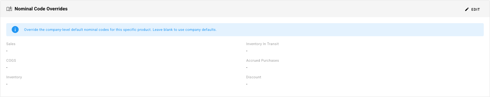 A product's Nominal Code Overrides card