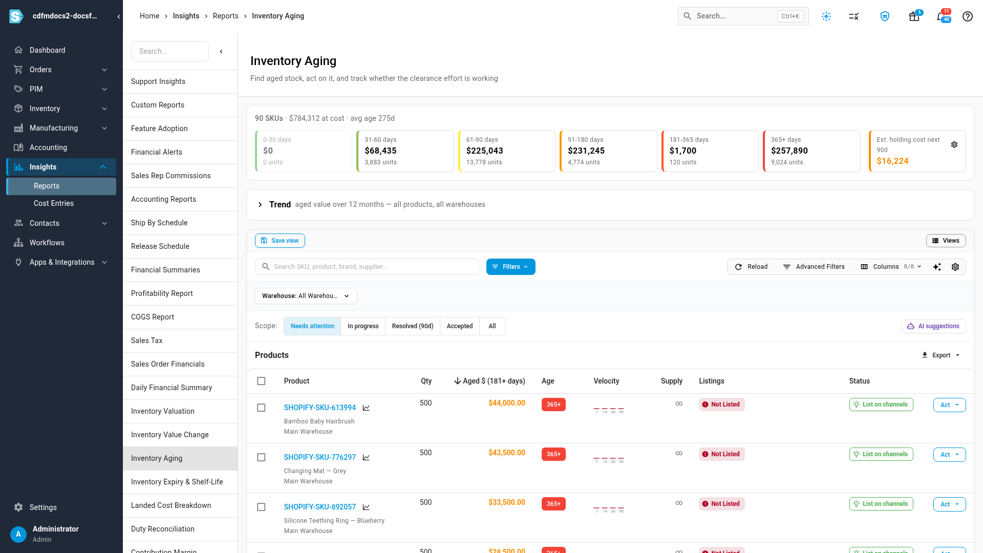 Product rows in Inventory Aging