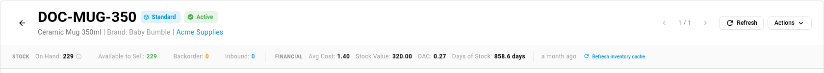 A product's stock bar with DAC 0.27 and Days of Stock 858.6 days