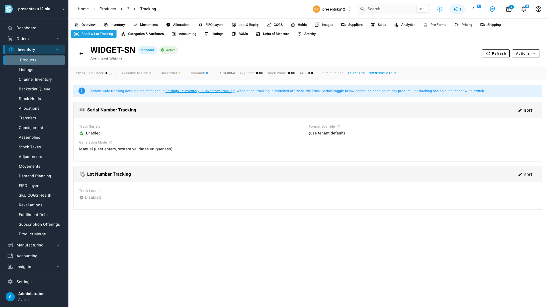 A product's Serial &amp; Lot Tracking tab, with Track Serials enabled and the generation mode set to manual entry with automatic uniqueness validation