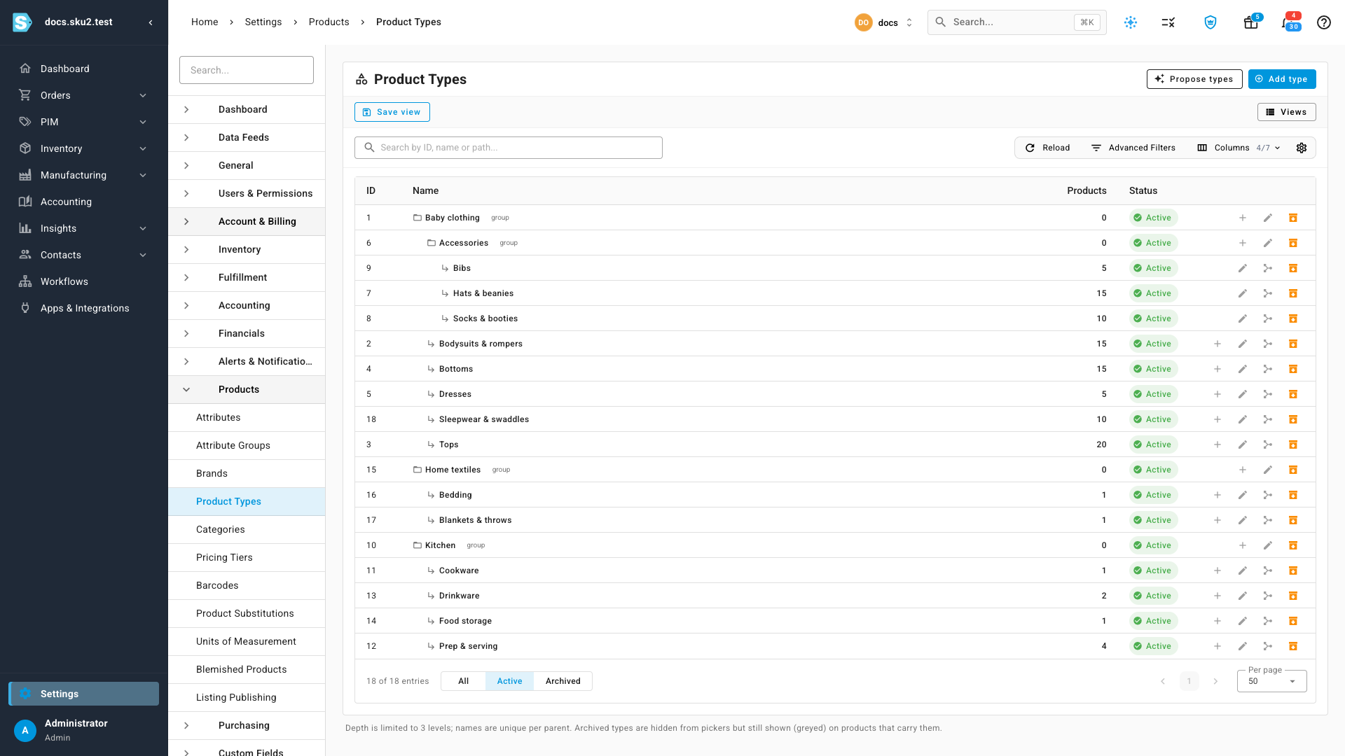 The product type tree in settings, showing groups, the types beneath them, and how many products carry each one