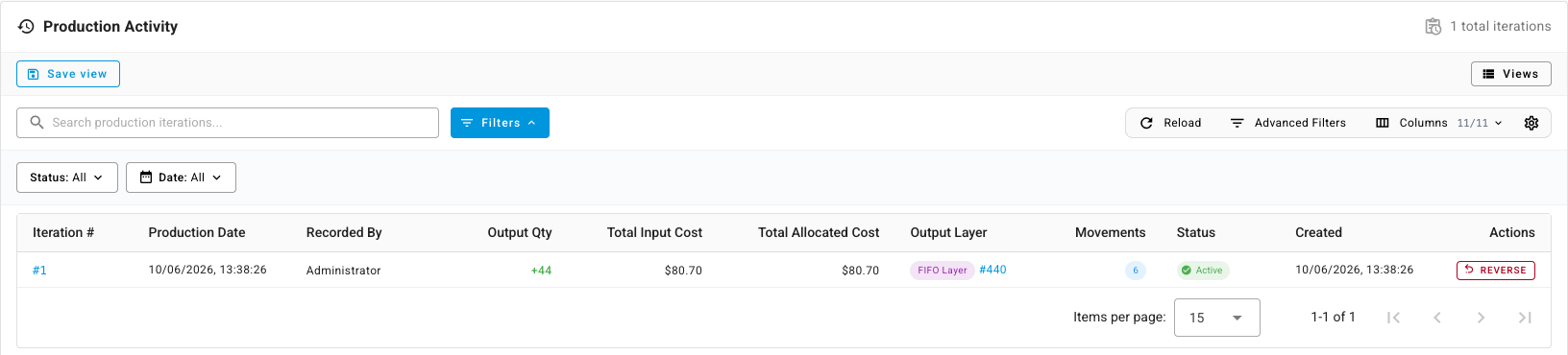The Production Activity tab listing one production iteration