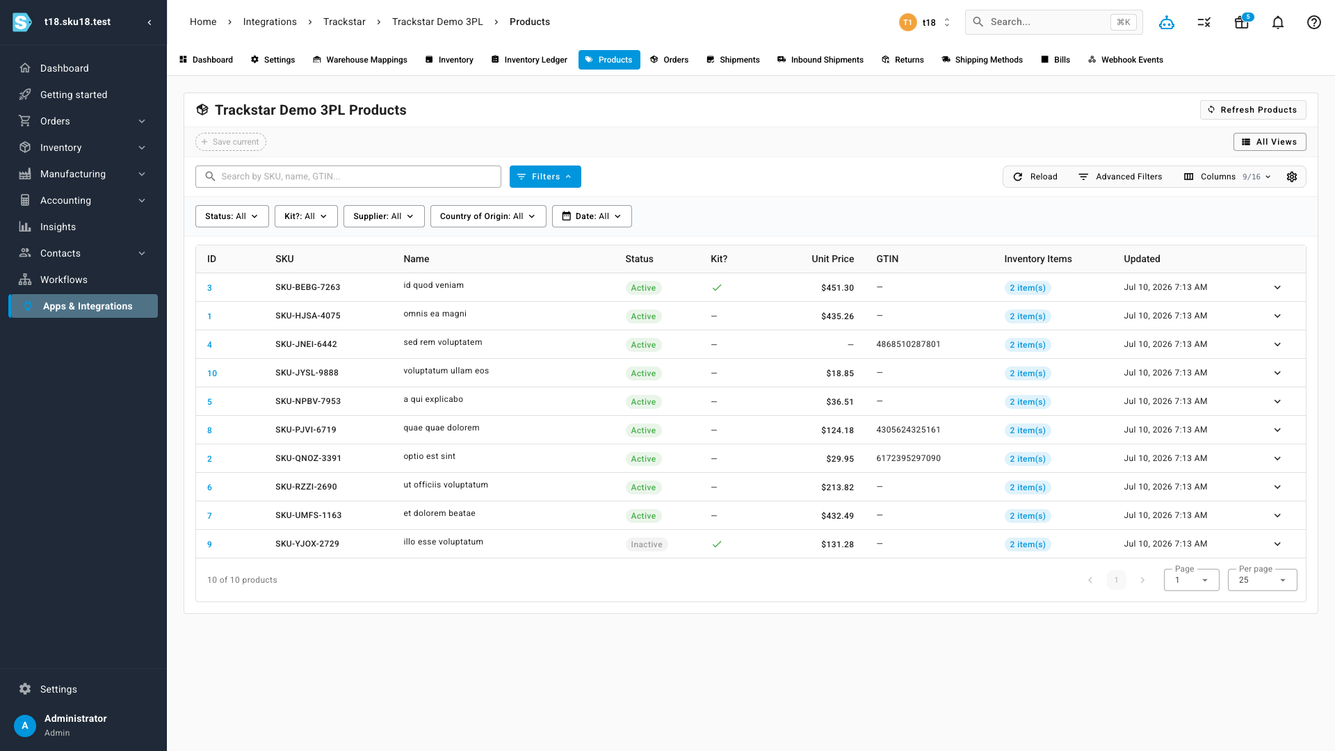 The warehouse product catalog synced into SKU.io with SKU, price, GTIN and inventory items