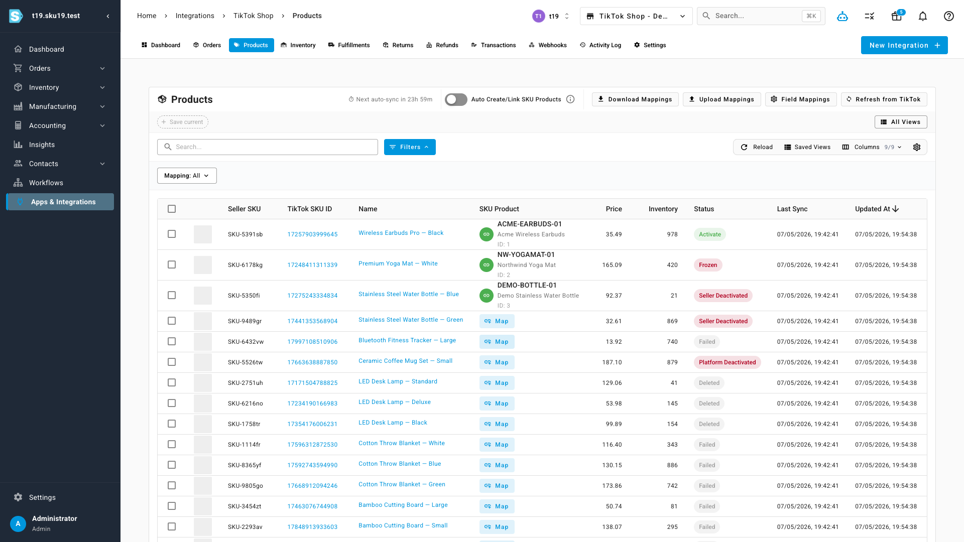 The TikTok Shop products list showing mapped SKUs alongside unmapped listings ready to map