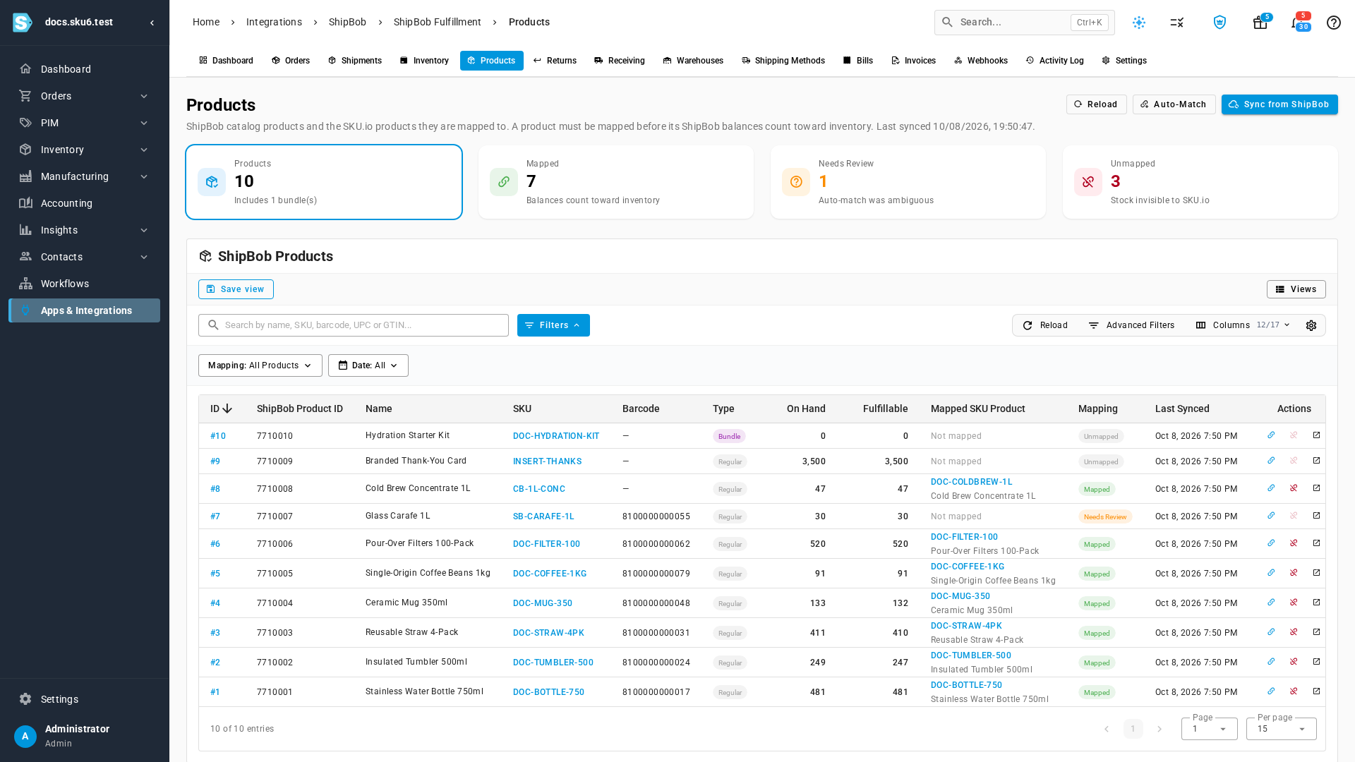The Products tab with its four summary cards and the ShipBob Products table