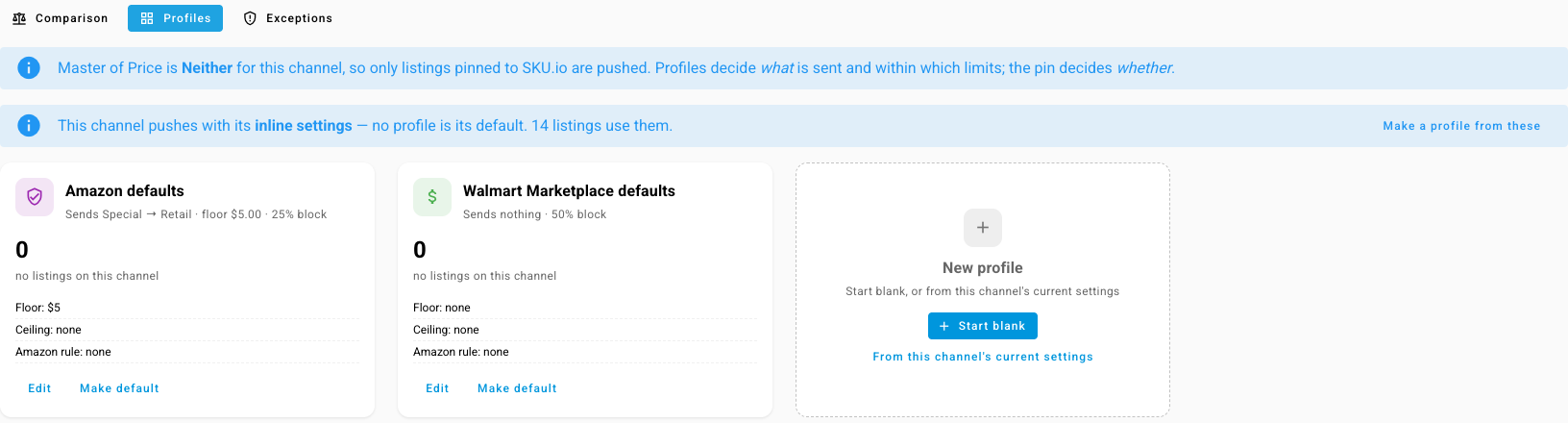The Profiles tab on a channel's Pricing page, with two profile cards and the New profile card