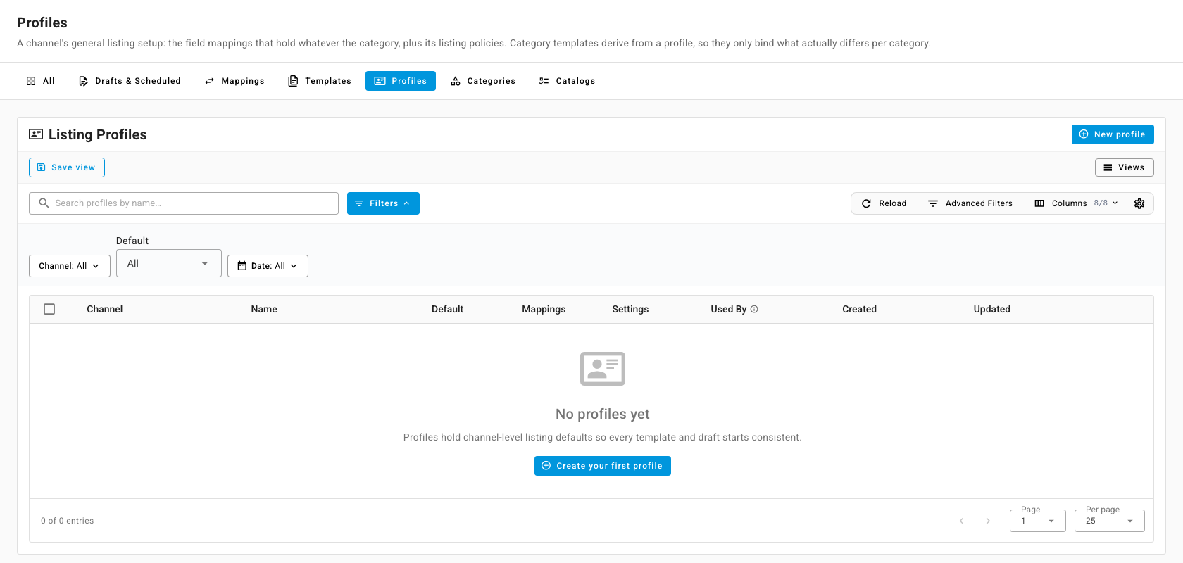The Profiles tab on the Publish page, with the Listing Profiles table and the New profile button