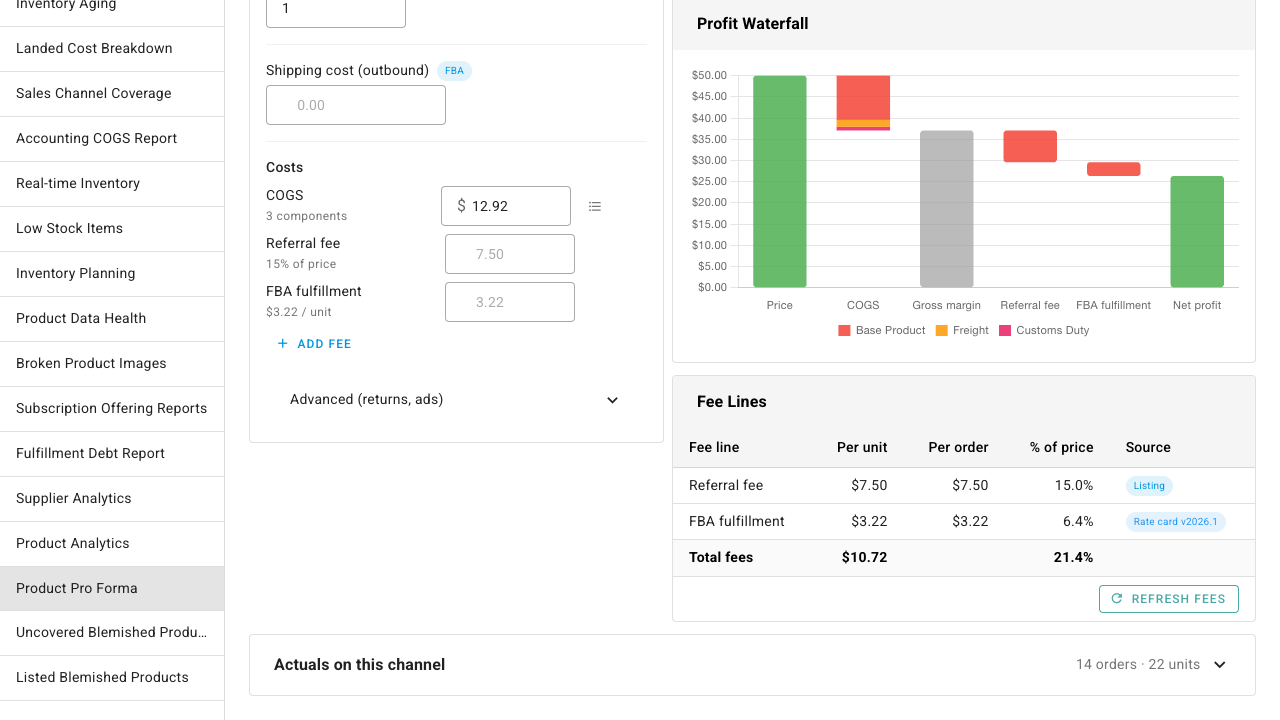 Profit waterfall with COGS breakdown and the fee line table with provenance chips