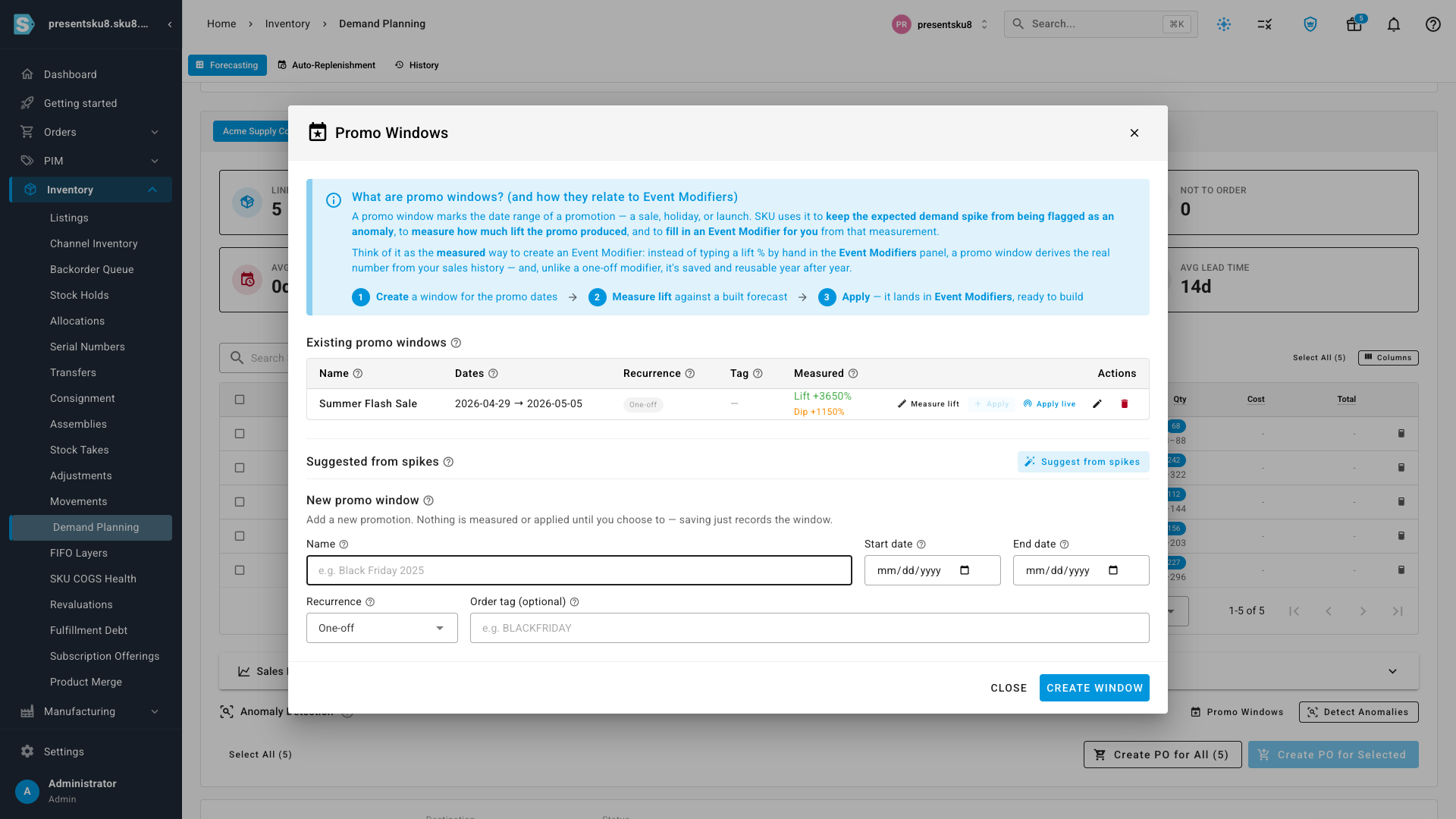 The Promo Windows workspace showing a measured promotion with its lift, an "Apply" action to add it to the forecast, and a "Suggest from spikes" button