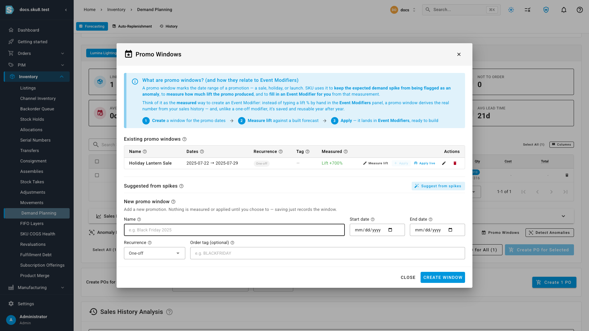 The Promo Windows workspace showing a measured promotion with its lift, an Apply action to add it to the forecast, and a Suggest from spikes button