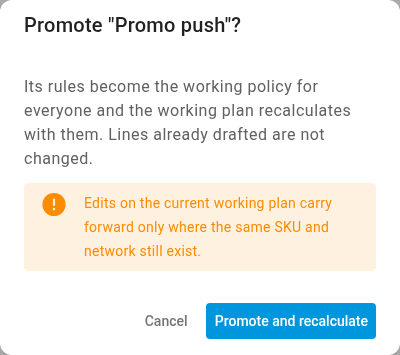 The Promote confirmation for Promo push, with the carry-forward warning and the Promote and recalculate button