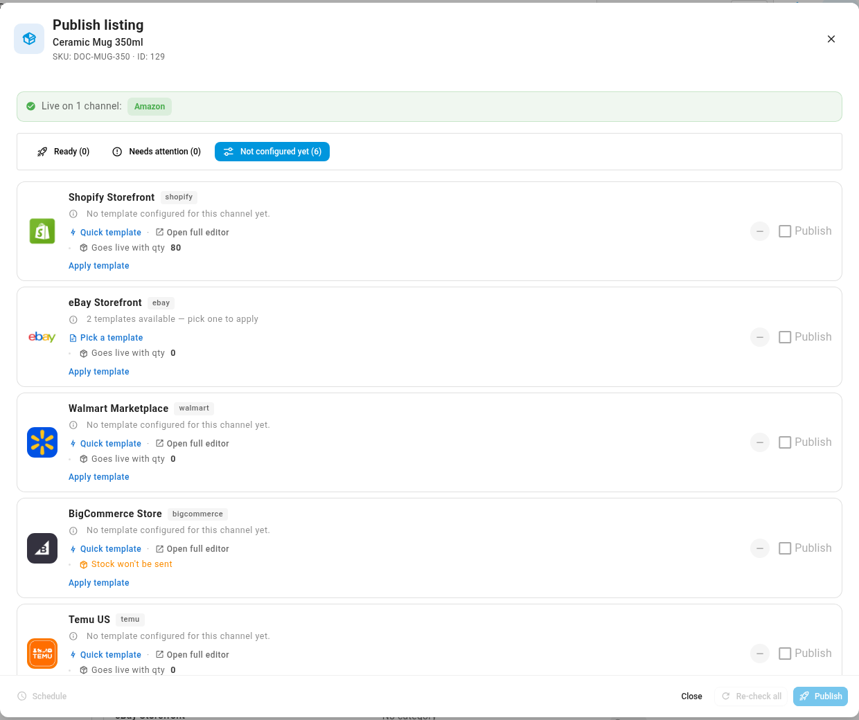 The Publish listing dialog, with one channel showing Goes live with qty and another showing Stock won't be sent