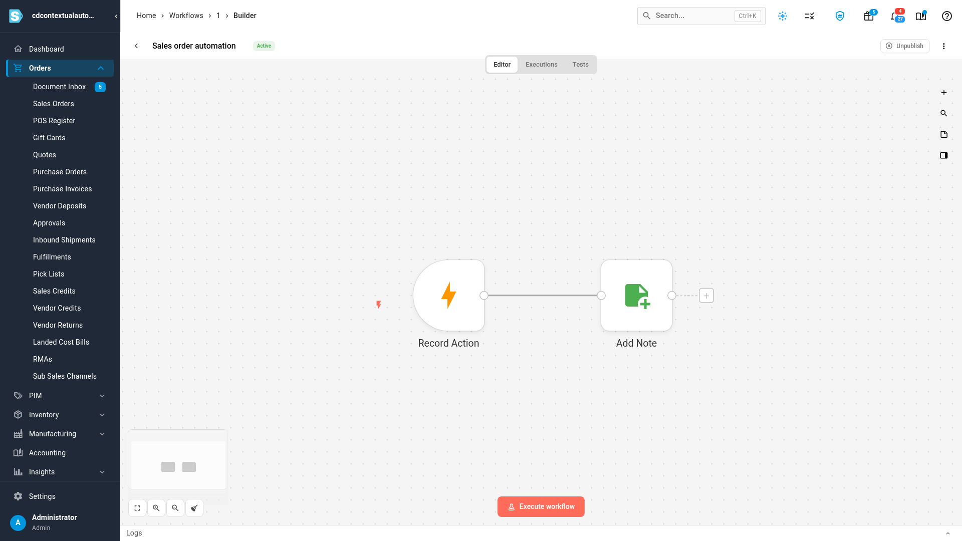 The published workflow: Record Action followed by Add Note