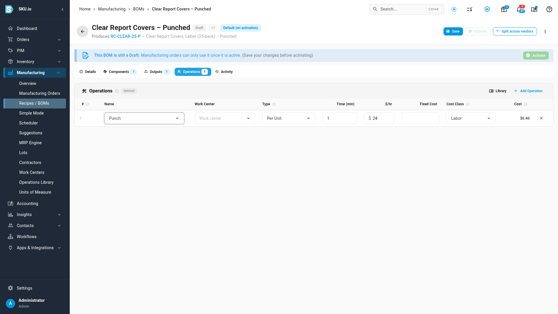 The Punch step on the recipe's Operations tab