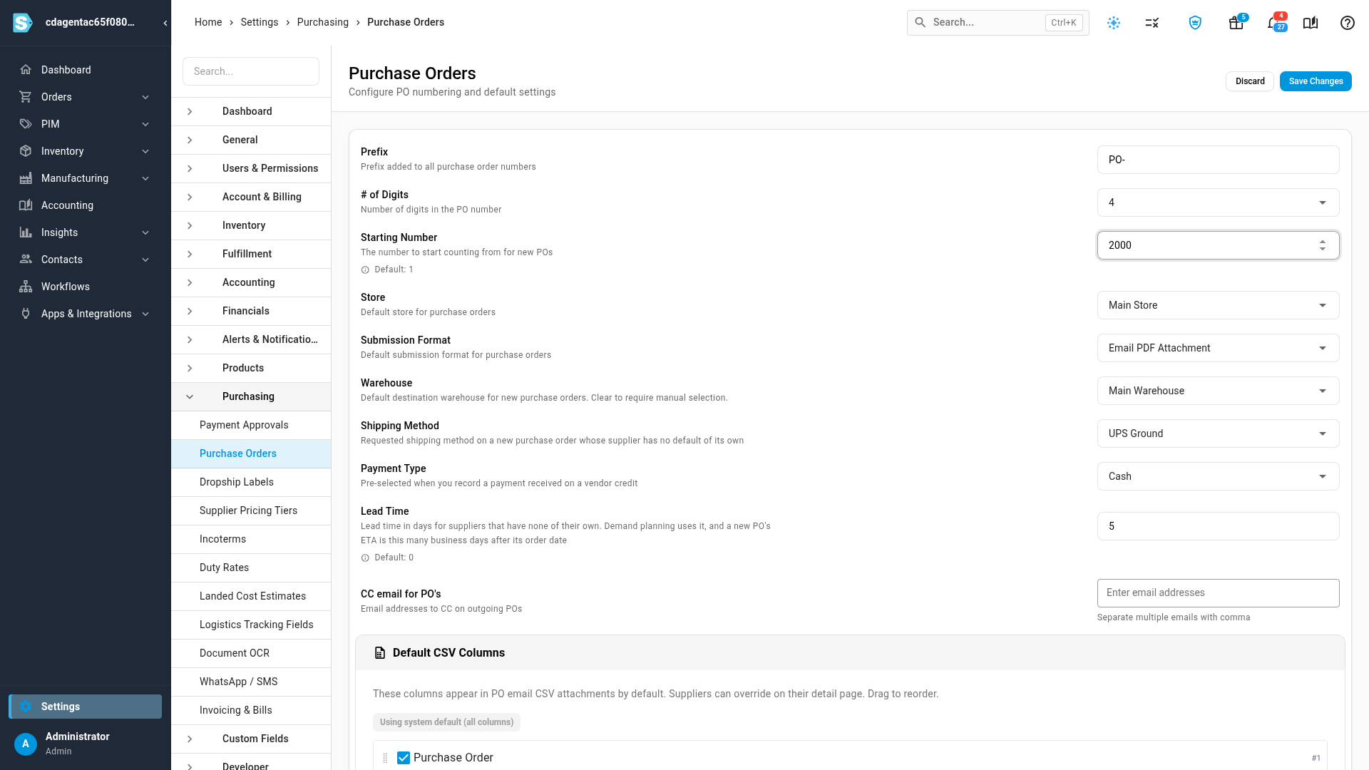 The default settings for new purchase orders