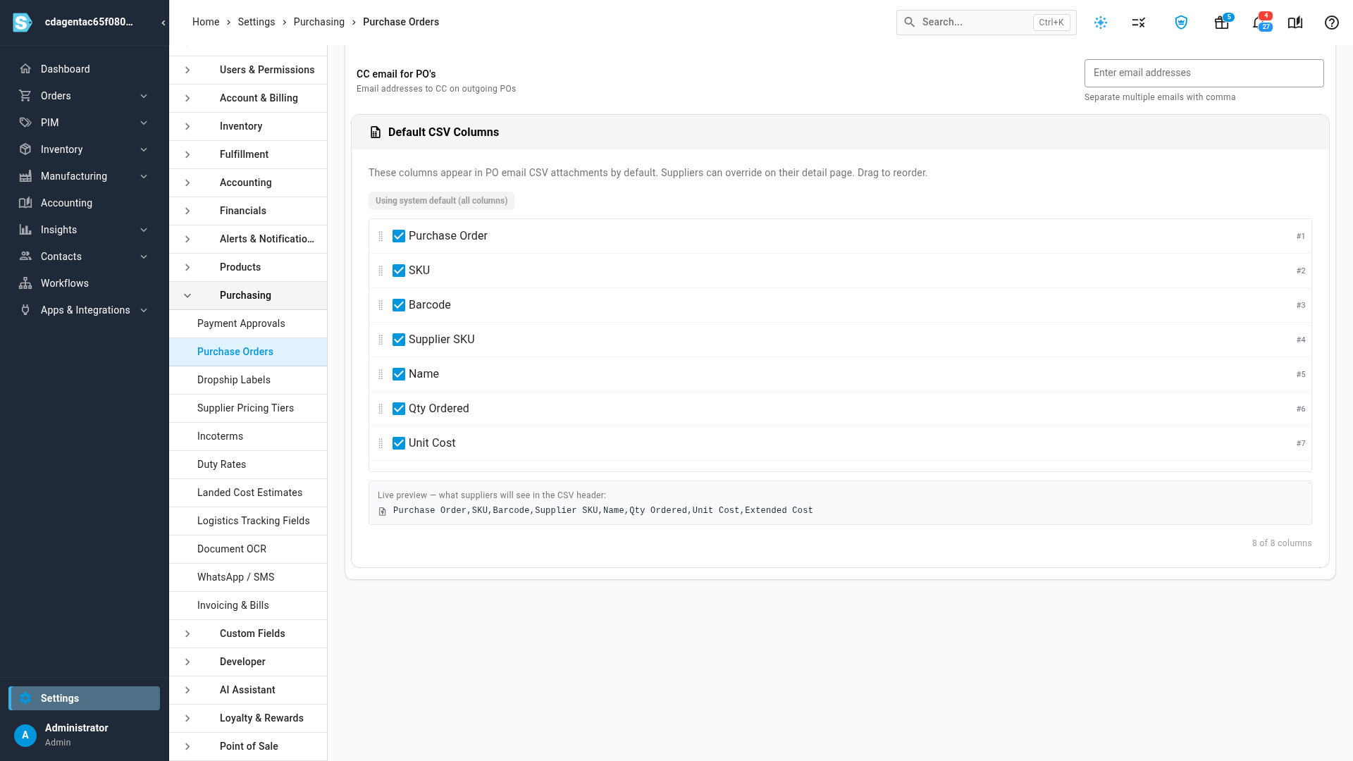 CC email for PO's and the Default CSV Columns editor