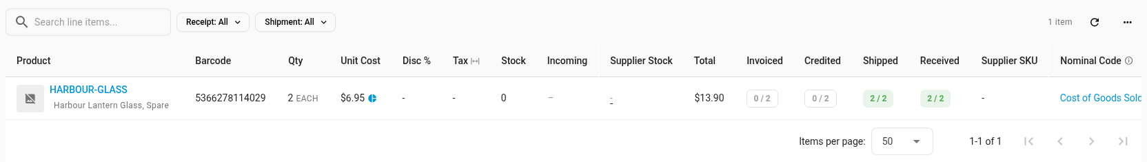 A purchase order's lines with the Barcode column