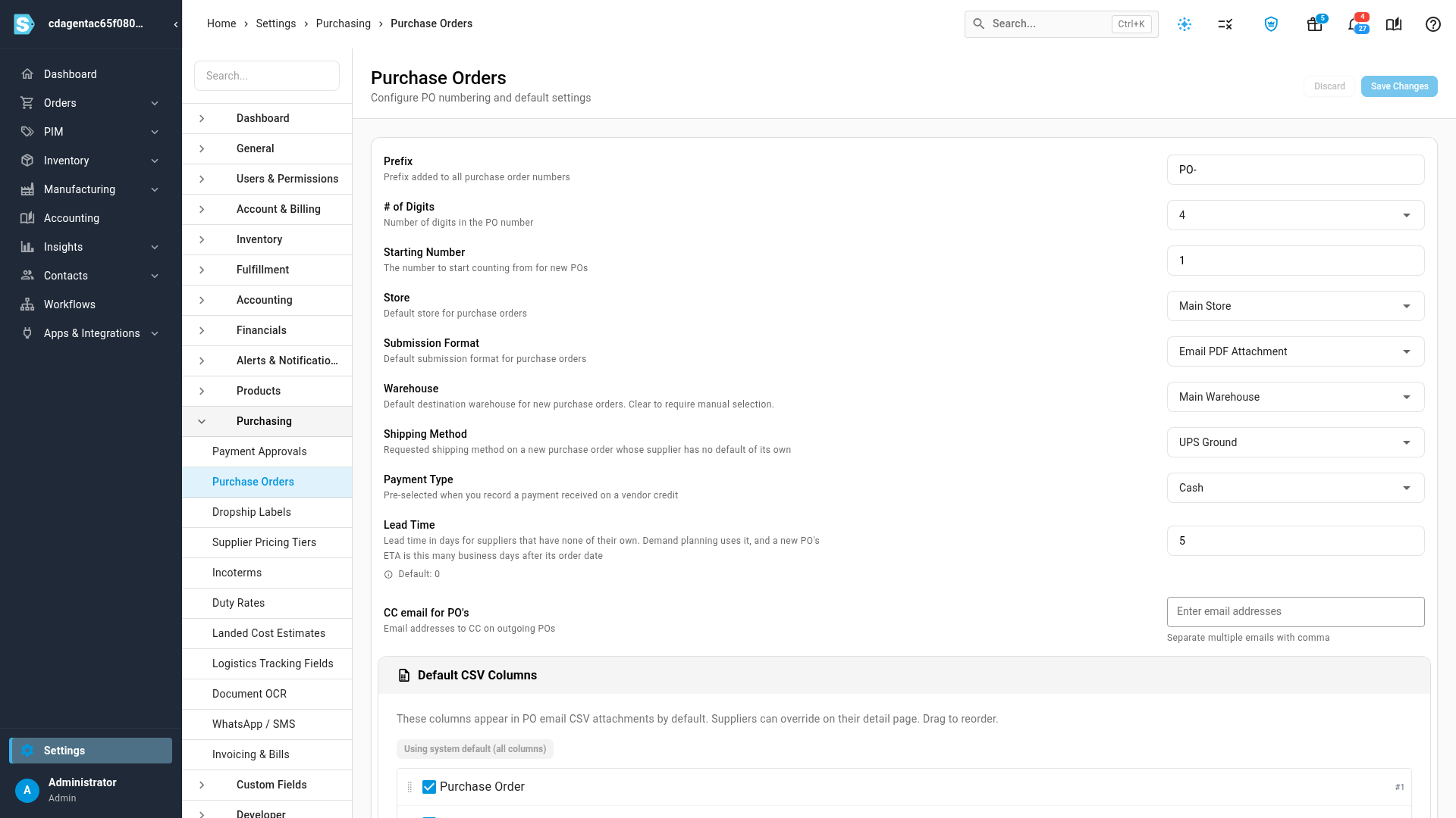 The Purchase Orders settings