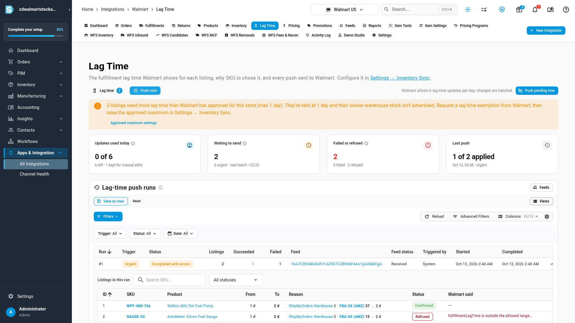 Push runs, listing each batch of lag-time changes sent to Walmart