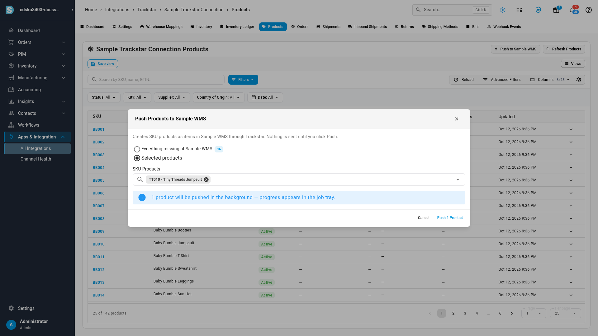 The push dialog with Selected products chosen and one product picked