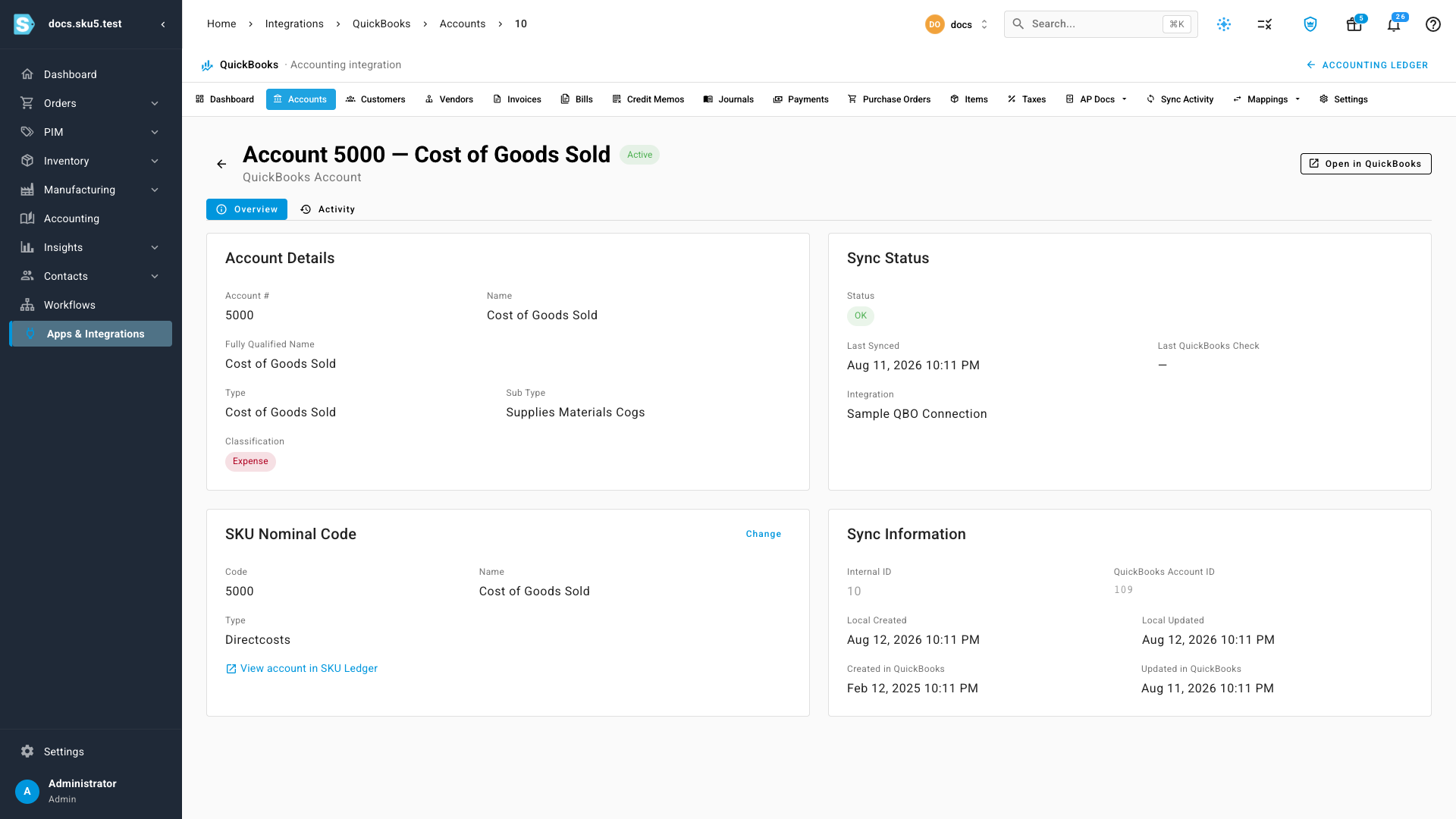 A QuickBooks account's detail page showing its linked SKU.io account