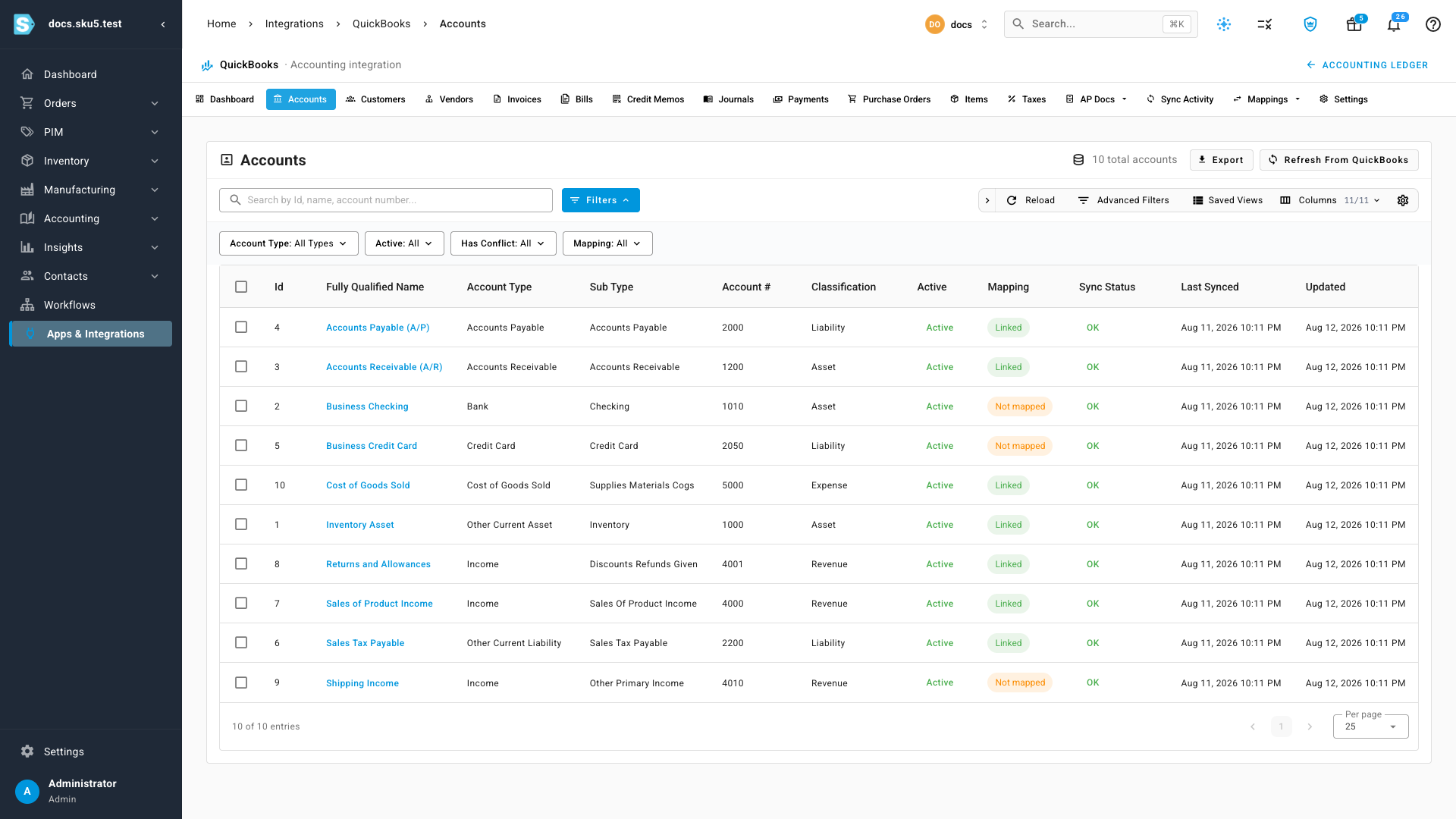 The QuickBooks Accounts page listing the imported chart of accounts