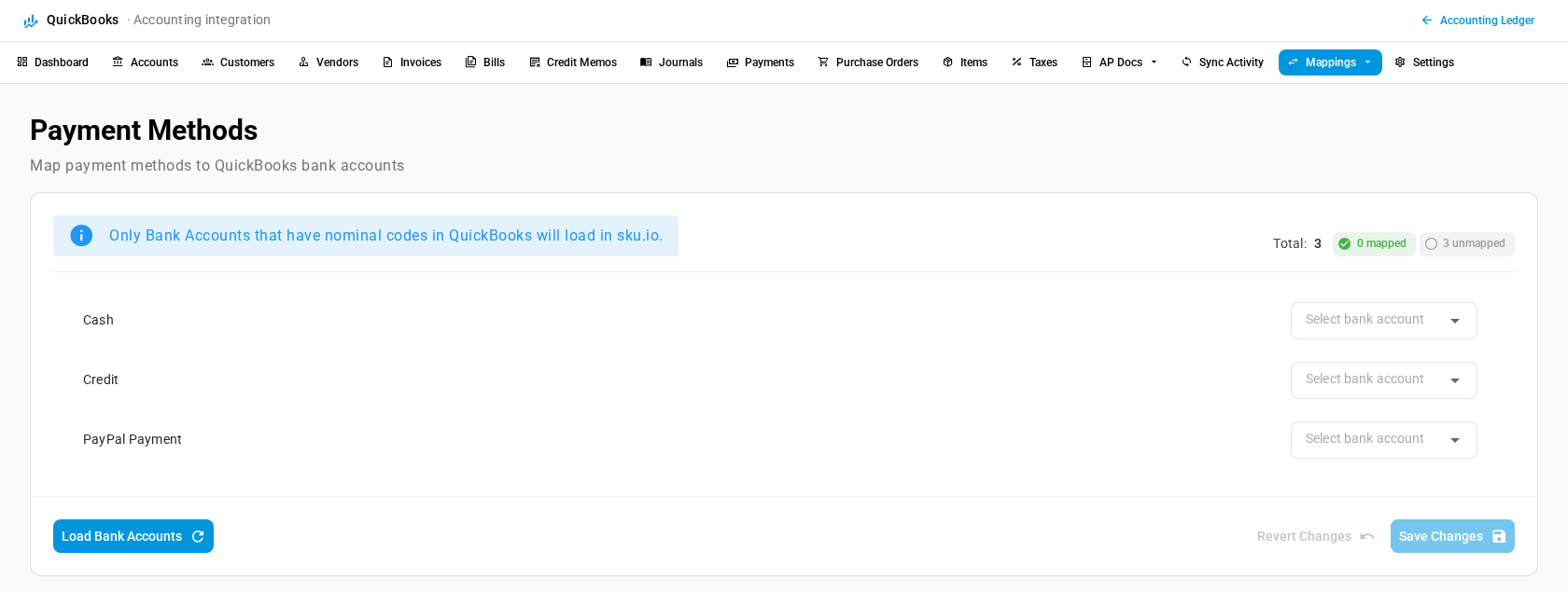 The QuickBooks Payment Methods mapping, listing each payment type with a bank account picker