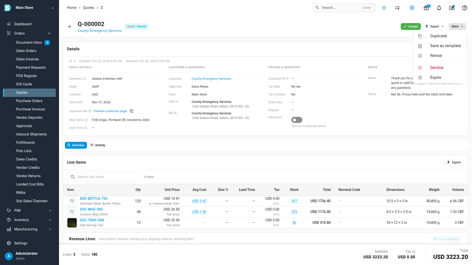 The More menu open on a sent quote, showing Duplicate, Save as template, Revise, Decline and Expire