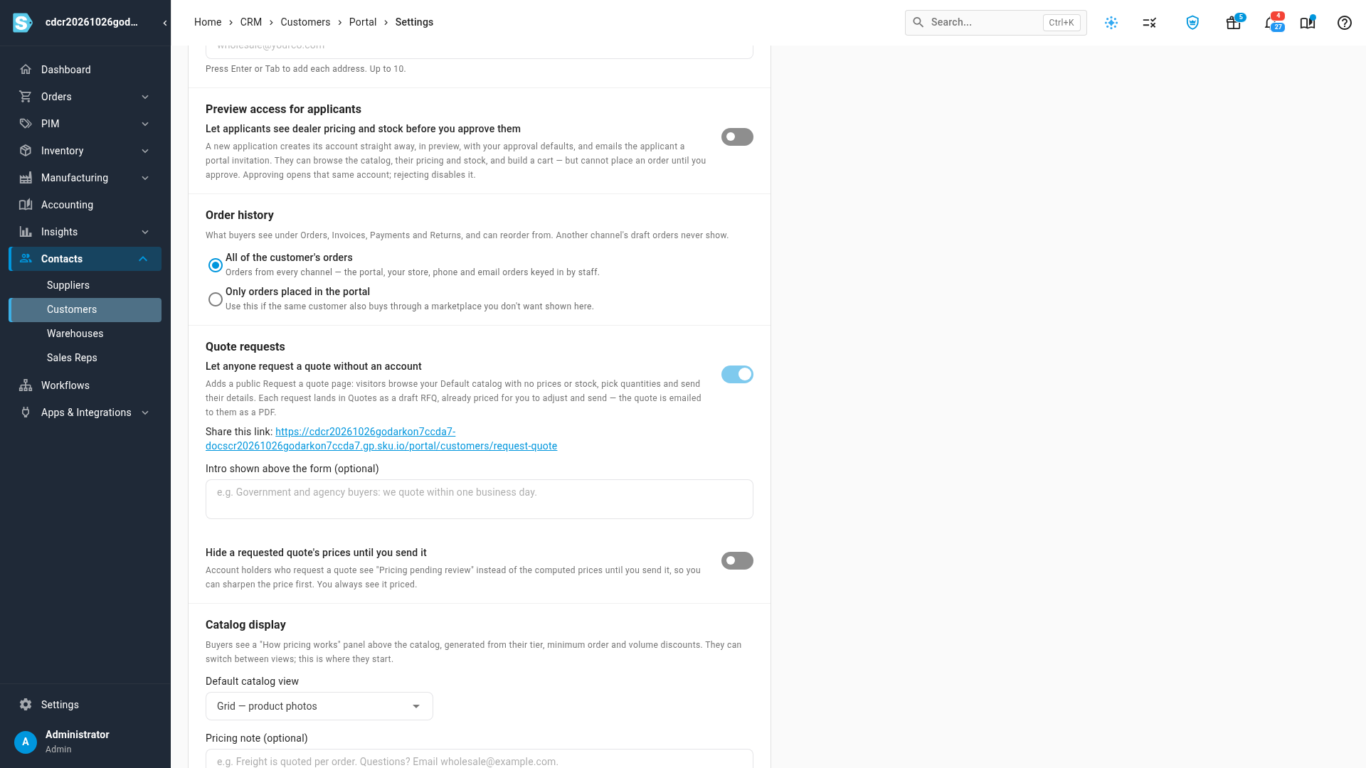 The Quote requests settings, switched on, with the link to share
