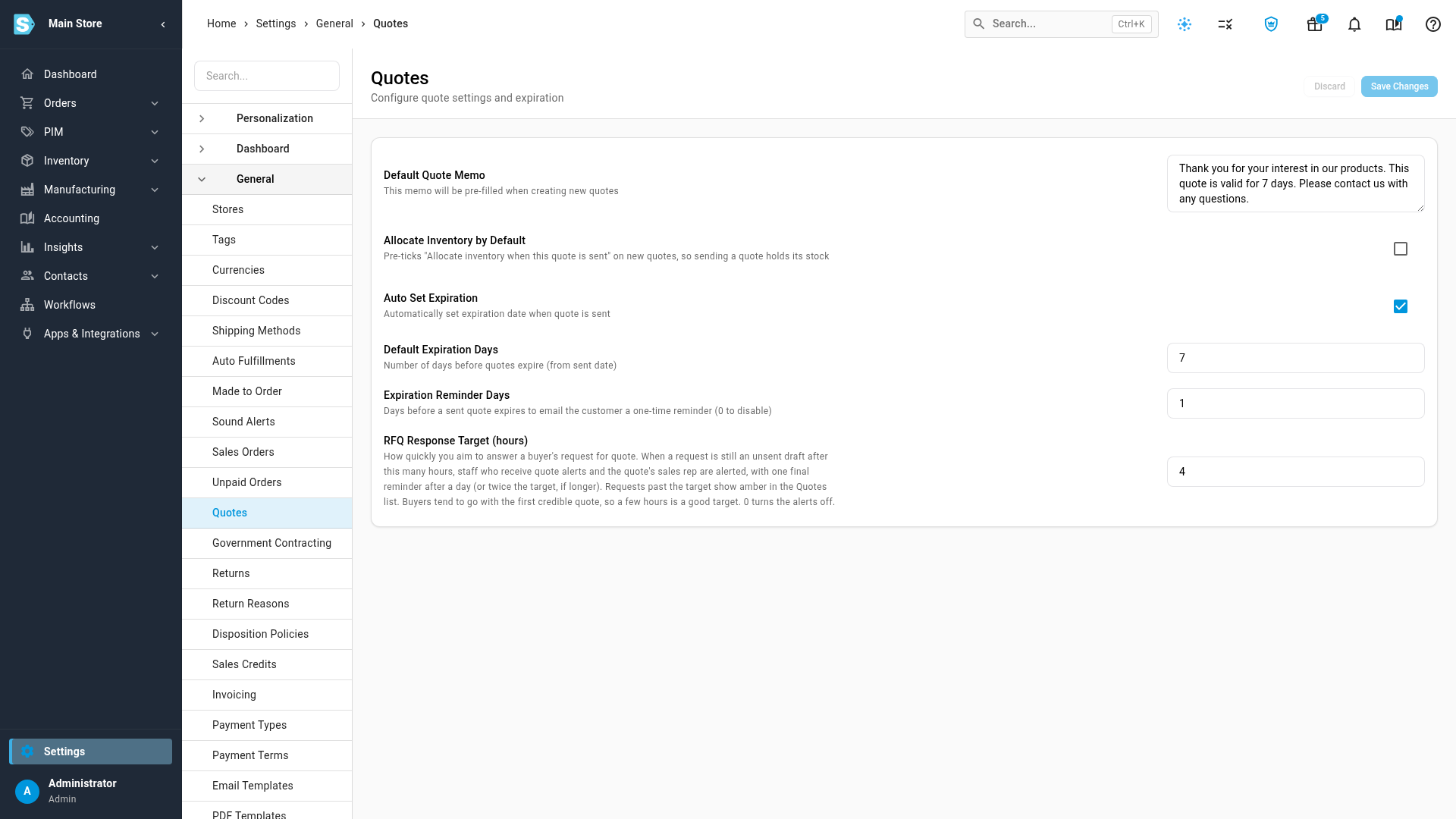The Quotes settings