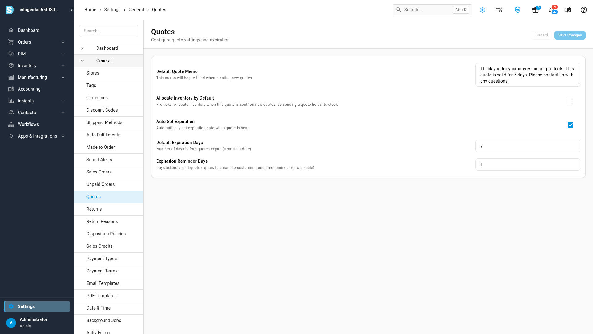 The Quotes settings