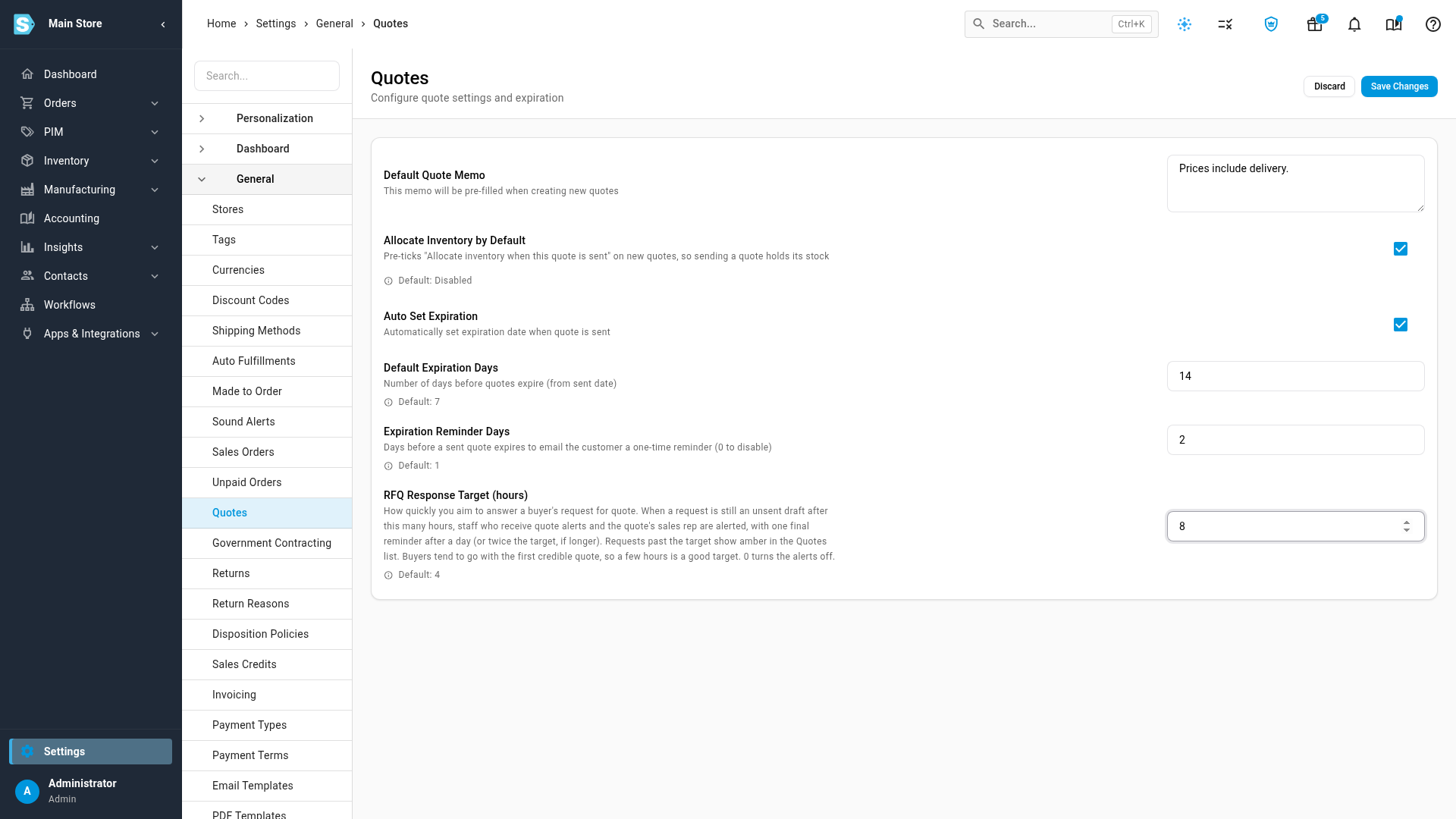 Quote settings with a new memo, a 14-day expiry, a 2-day reminder and an 8-hour response target