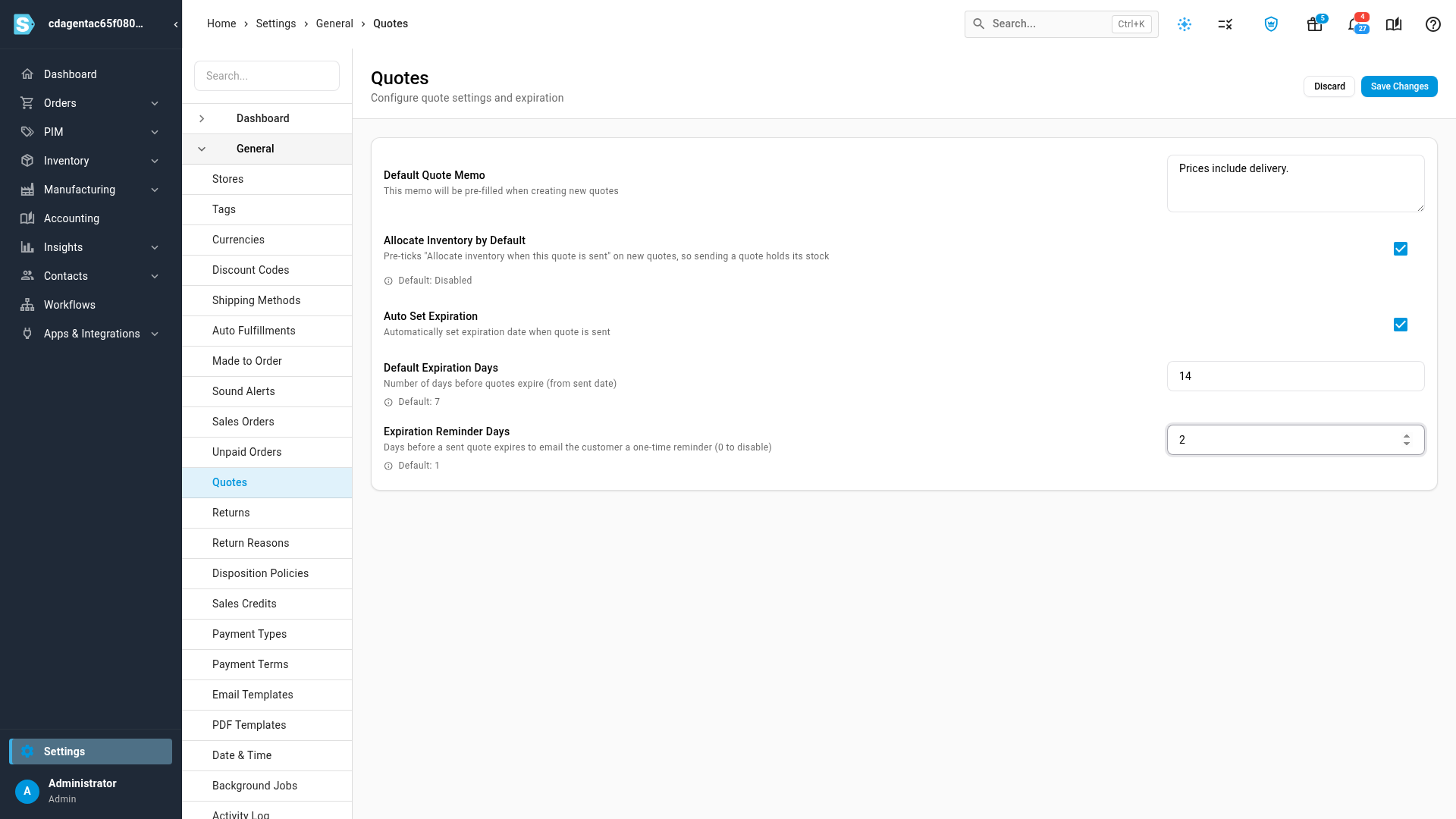 Quote settings with a new memo, a 14-day expiry and a 2-day reminder