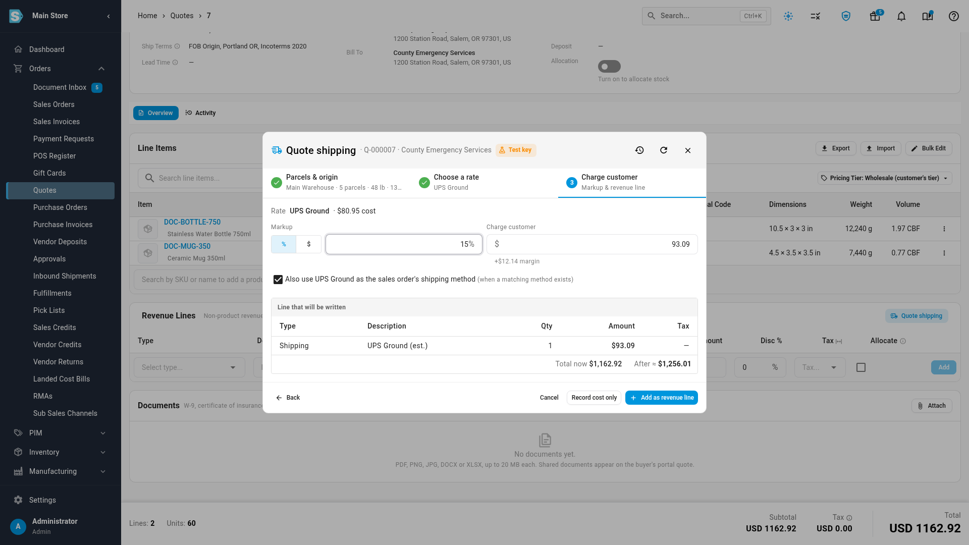 The Quote shipping dialog on the Charge customer step: a 15% markup on a UPS Ground rate, the Shipping line that will be written, and the quote total before and after