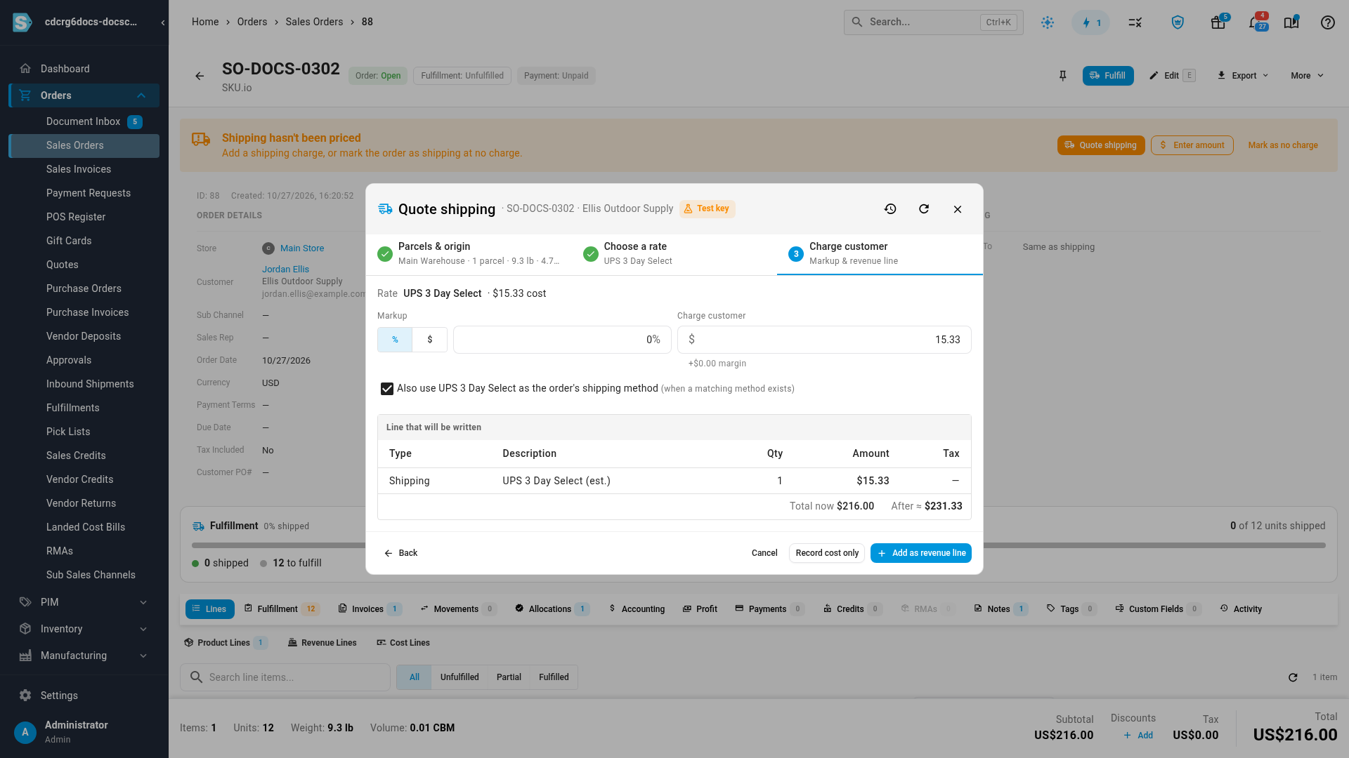 The Quote shipping dialog on a sales order, at the Charge customer step: UPS 3 Day Select at $15.33, a markup field, and a preview of the Shipping line that will be added