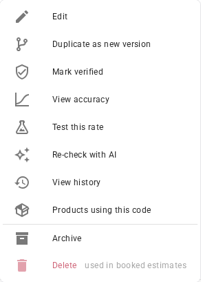 The row menu for a rate