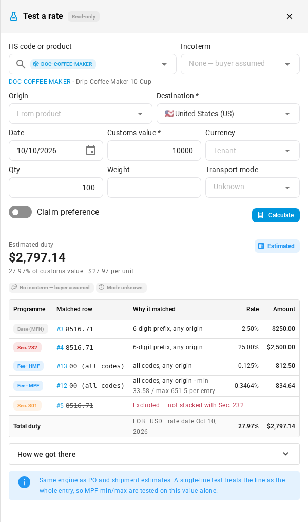 The rate tester: base rate, Section 232, and both fees add up, and Section 301 is excluded