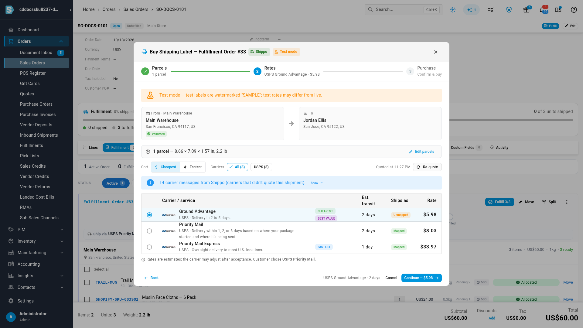 Live rates from USPS and UPS for a fulfillment order, with CHEAPEST, FASTEST and BEST VALUE badges