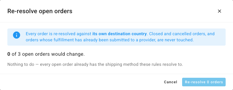 The Re-resolve open orders dialog
