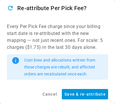 The Re-attribute Per Pick Fee confirmation, saying every charge since the billing start date is re-attributed, with 5 charges ($1.75) in the last 30 days for scale