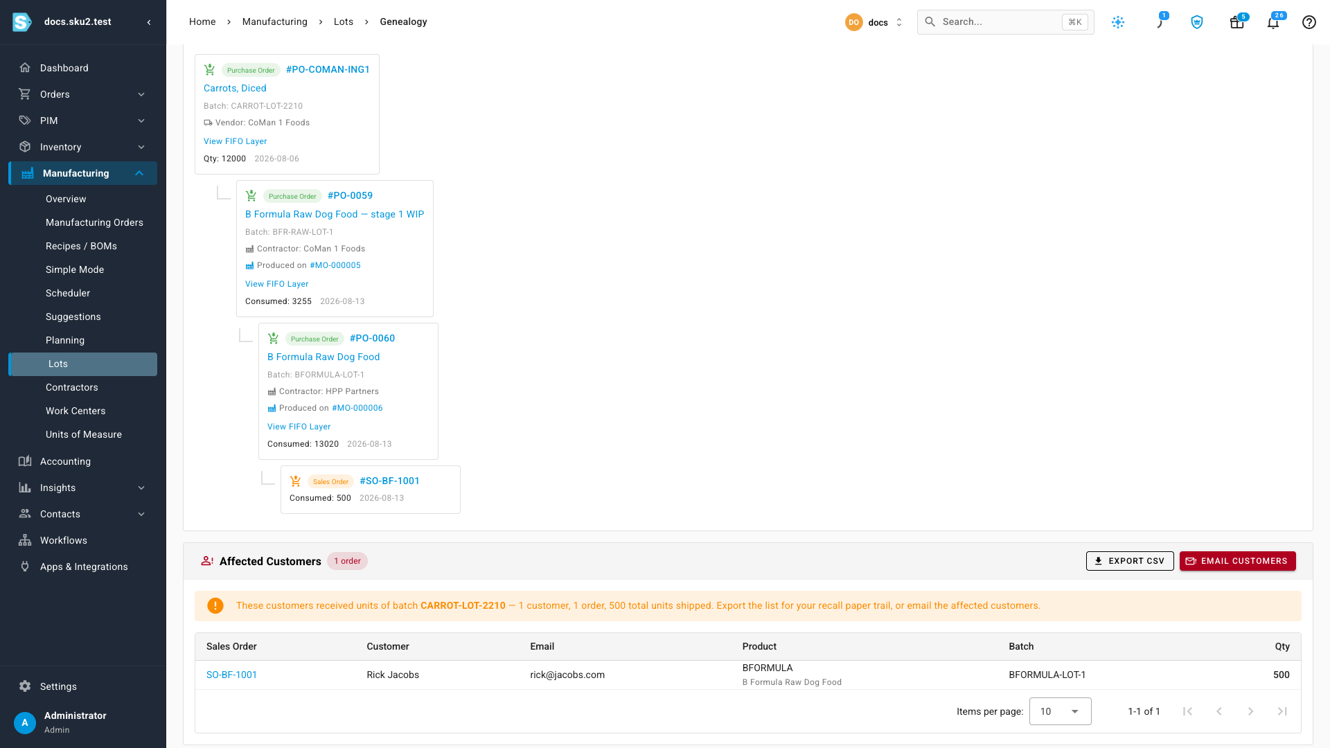 Forward trace from an ingredient lot to affected customers