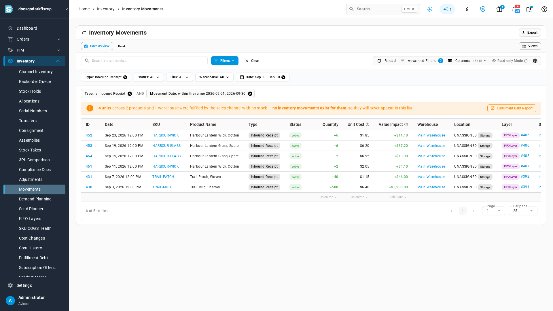 Inventory Movements filtered to Inbound Receipt and last month