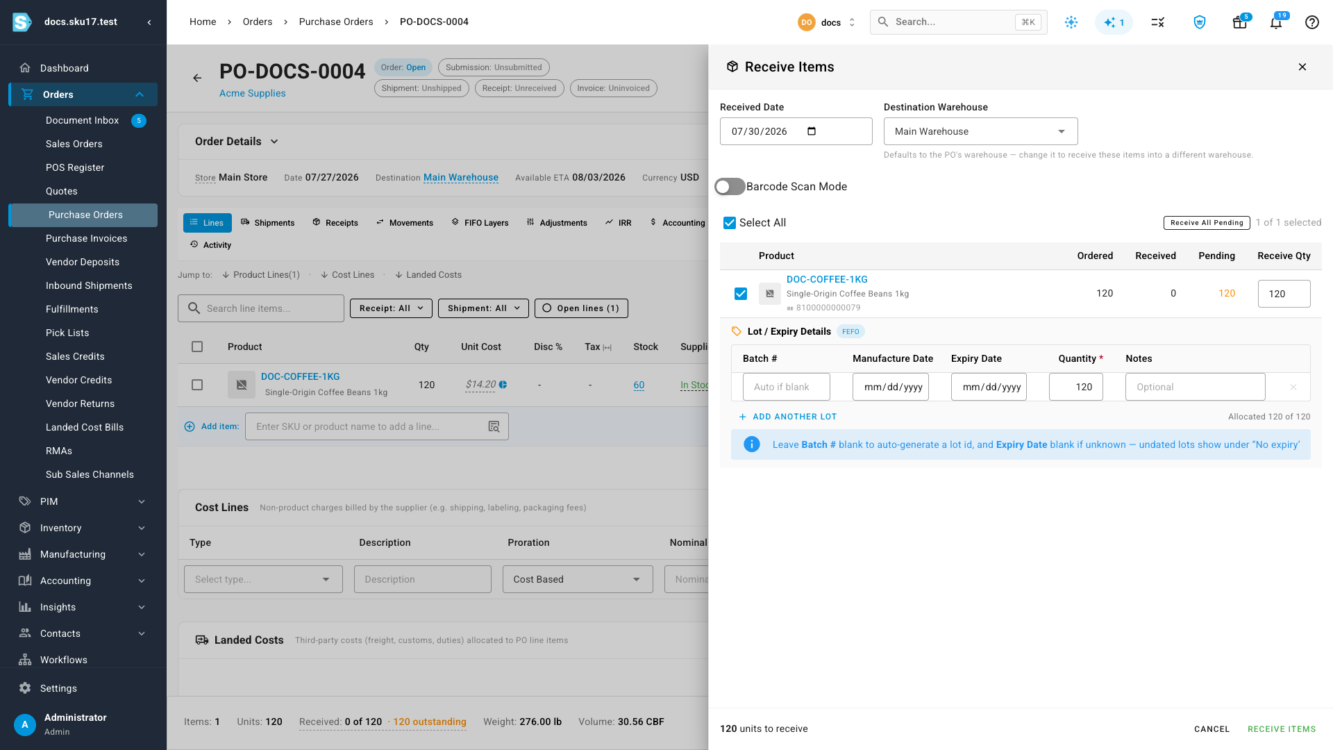 The Receive Items drawer for PO-DOCS-0004 with the Lot / Expiry Details panel
