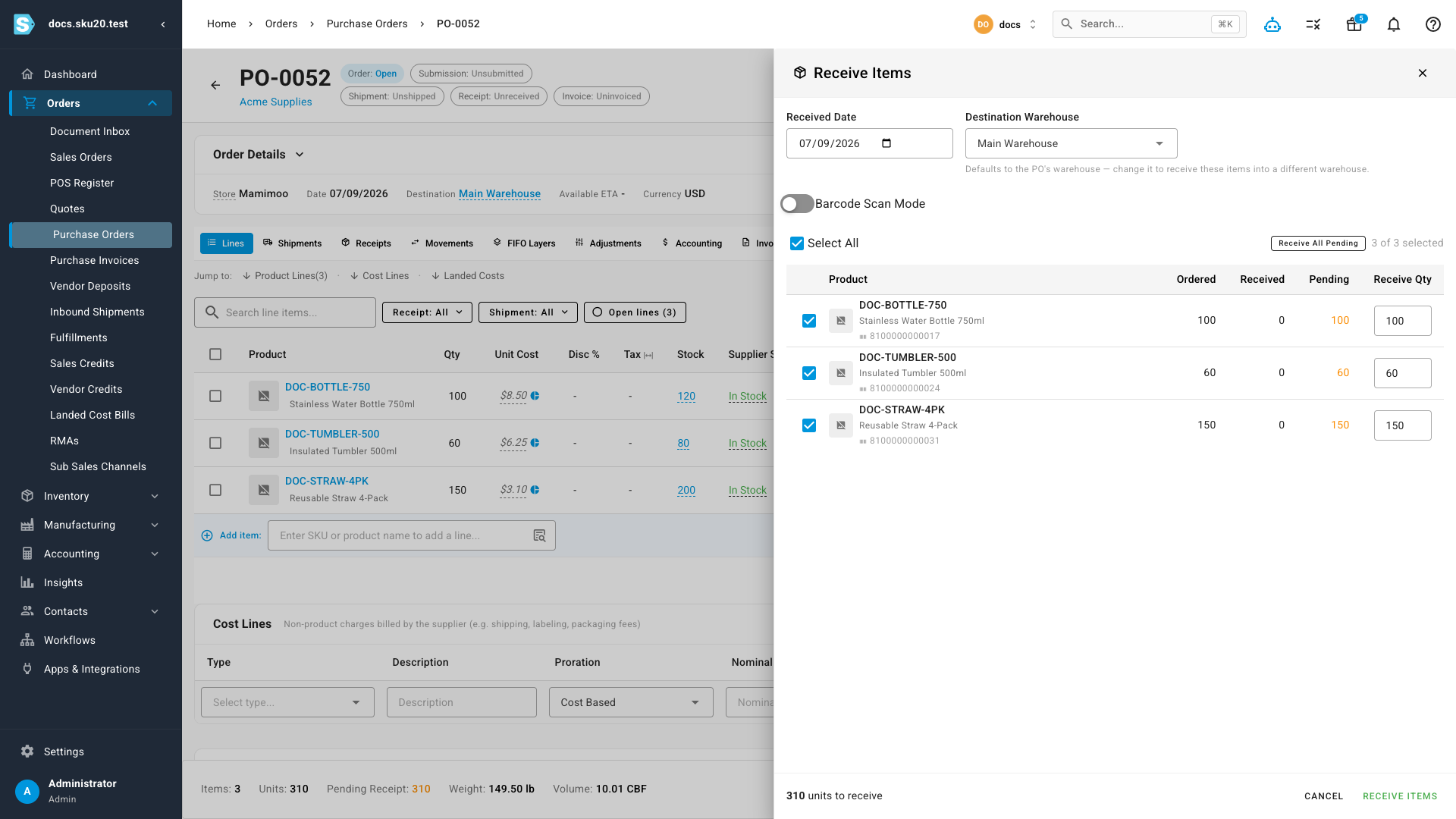The Receive Items drawer — received date, destination warehouse, and each line's Ordered, Received, Pending, and Receive Qty