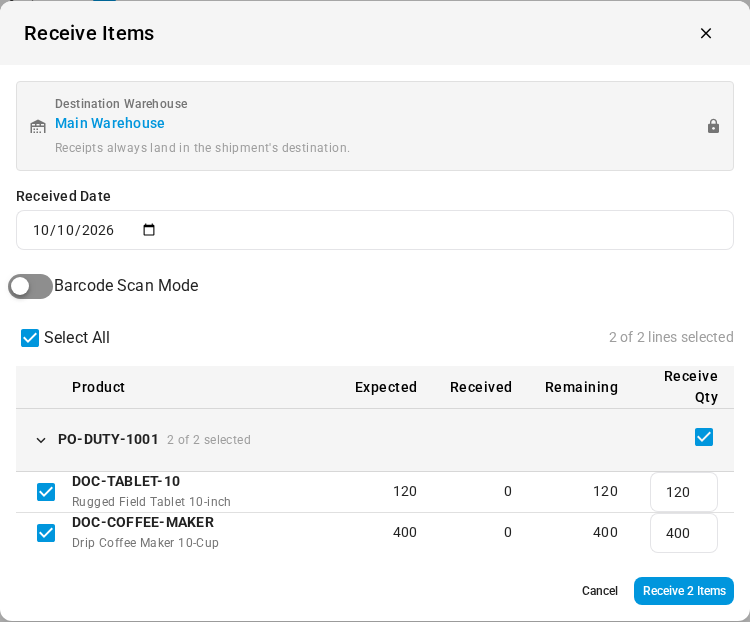 The Receive Items dialog