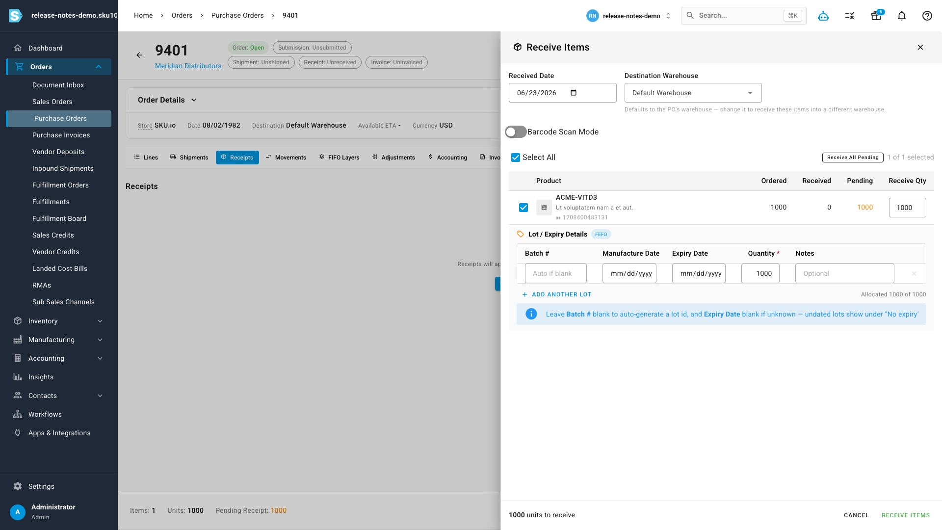 Capturing batch numbers and expiry dates while receiving a purchase order