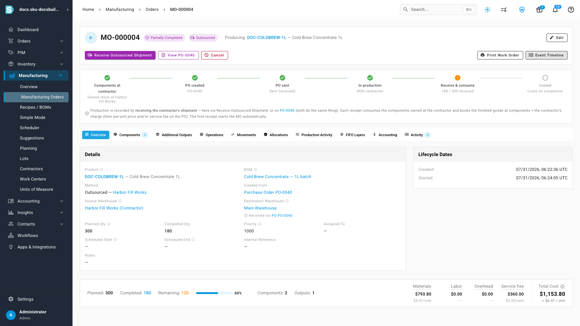 The order straight after that one click — Partially Completed at 180 of 300 with 120 remaining, the lifecycle strip green through "In production", and the footer cost card already carrying materials $793.80, a $360.00 service fee and a $1,153.80 total